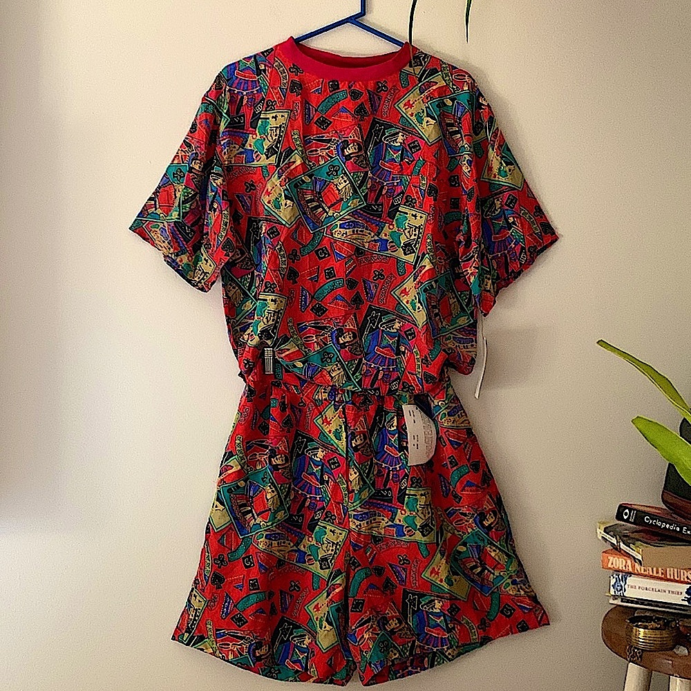 Vintage silk playing card themed silk shorts set